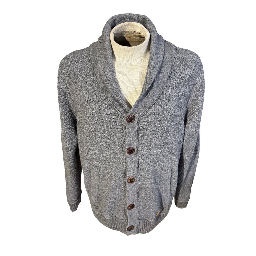 Djab Men’s Shawl Collar Cardigan Sweater Gray Knit Elbow Patches Size XL